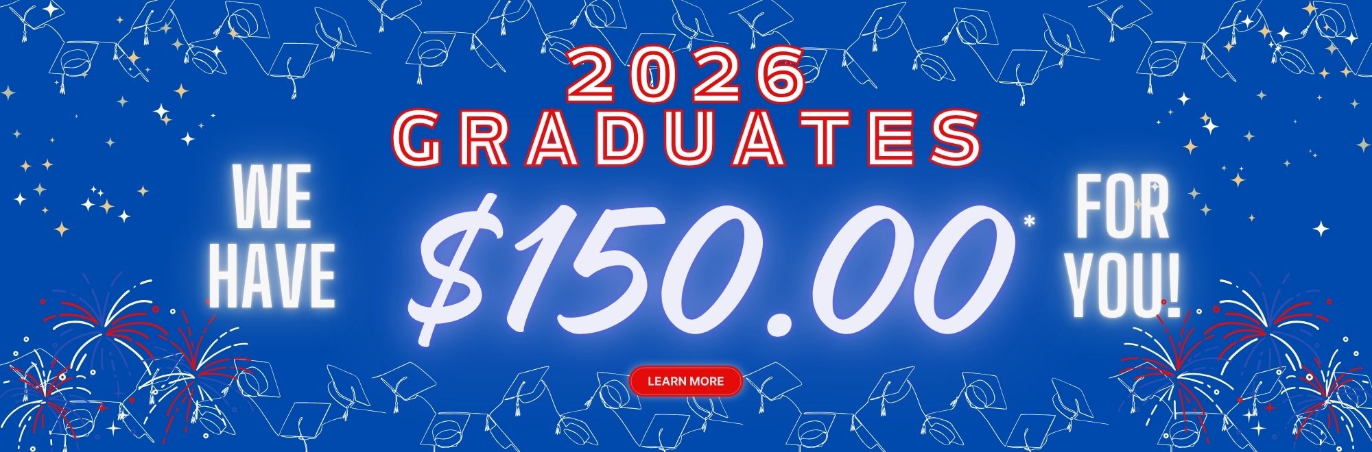 Patriotic Fourth of July–themed banner for Bay Area Credit Union promoting $150 for 2026 graduates, featuring red, white, and blue graphics and celebratory graduation elements.