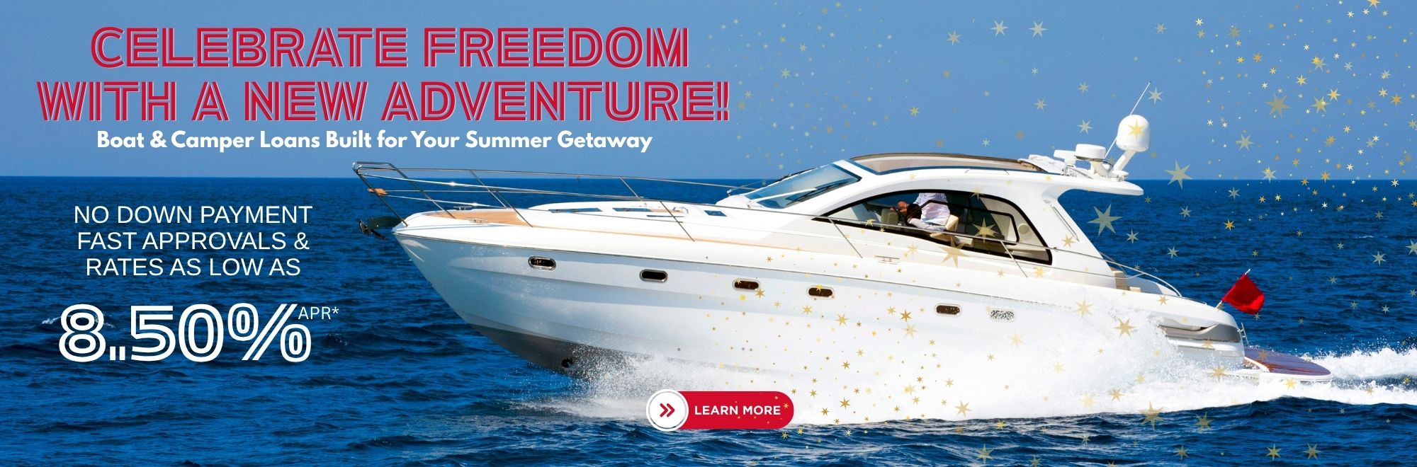 A white boat gliding across a calm lake under a bright summer sky, with subtle red, white, and blue accents creating a patriotic July 4th feel.