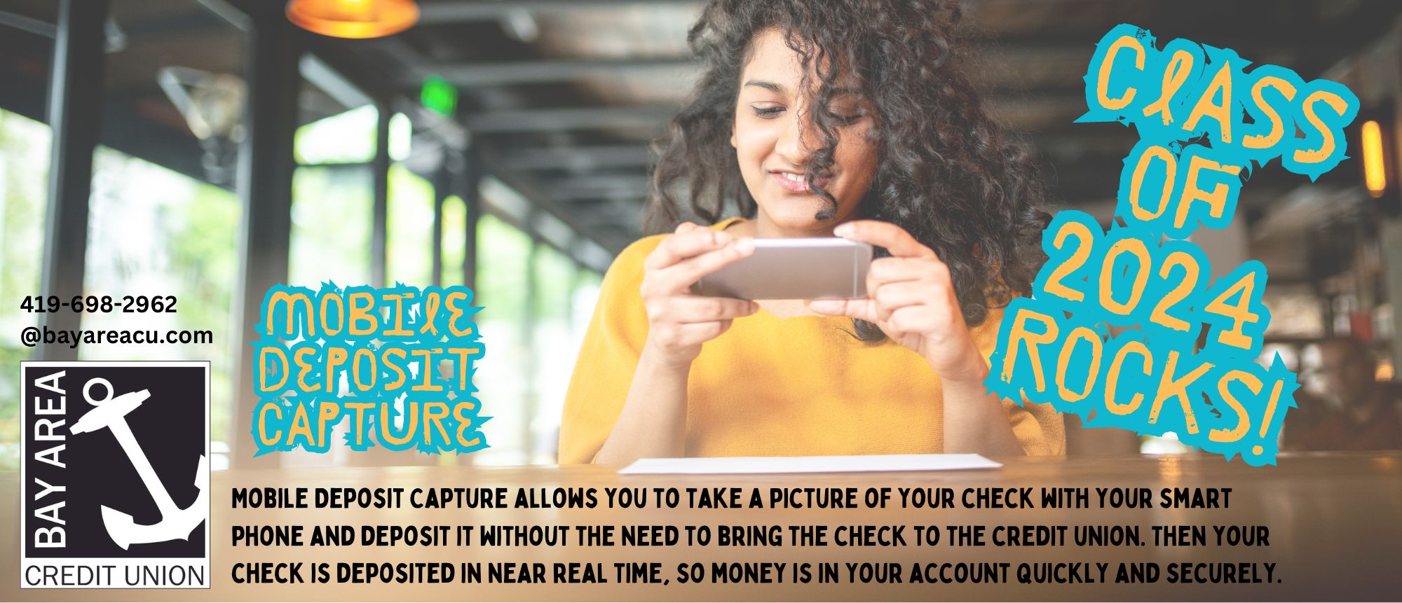 Mobile deposit capture allows you to take a picture of your check with your smart phone and deposit it in near real time quickly and securely without going to your credit union.