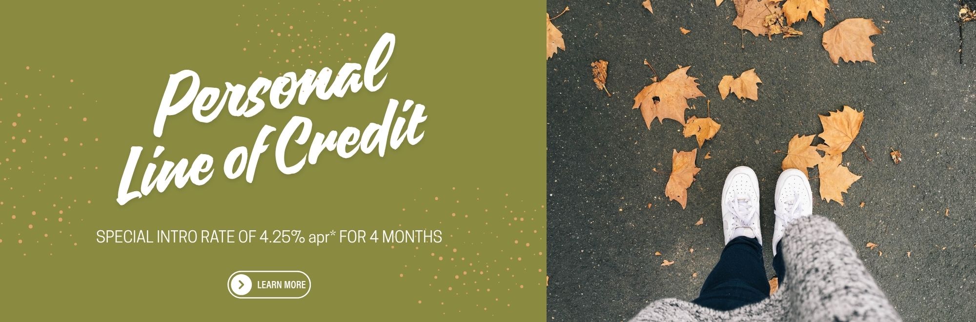 Person walking through colorful fall leaves, viewed from above with sneakers in motion, representing the freedom and flexibility of a Personal Line of Credit for life's changing needs.