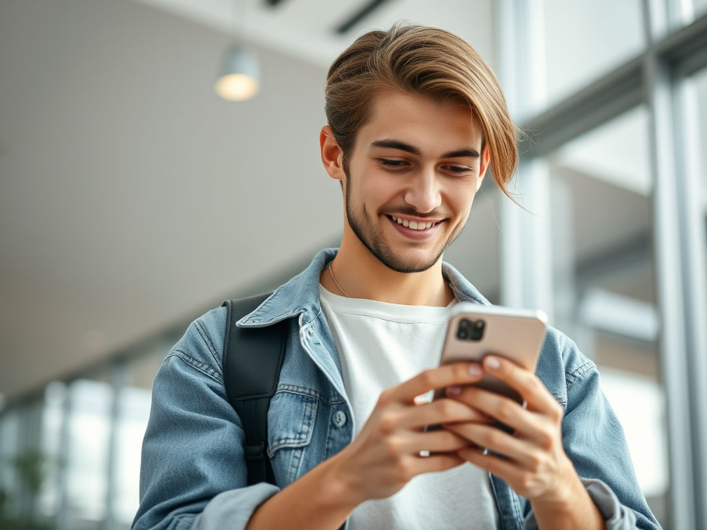 Young adult using his phone to bank online